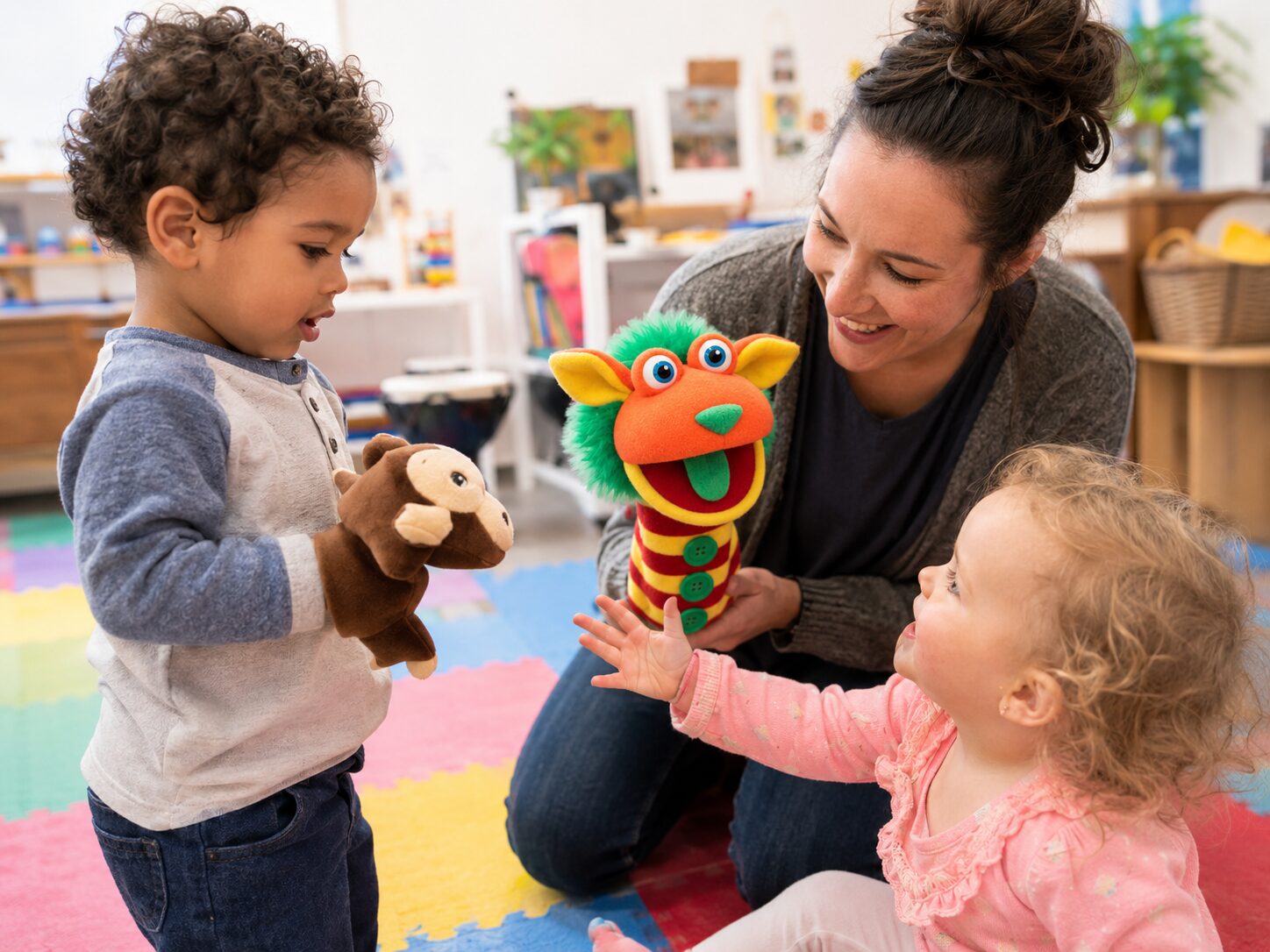 Profesora y bebés jugando con Milo